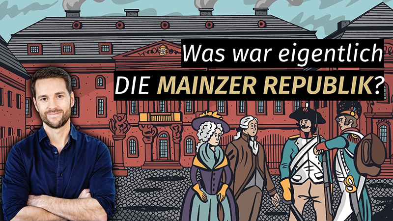 "Was war eigentlich die Mainzer Republik?", Mirko Drotschmann vor dem gemalten Deutschhaus von 1783.